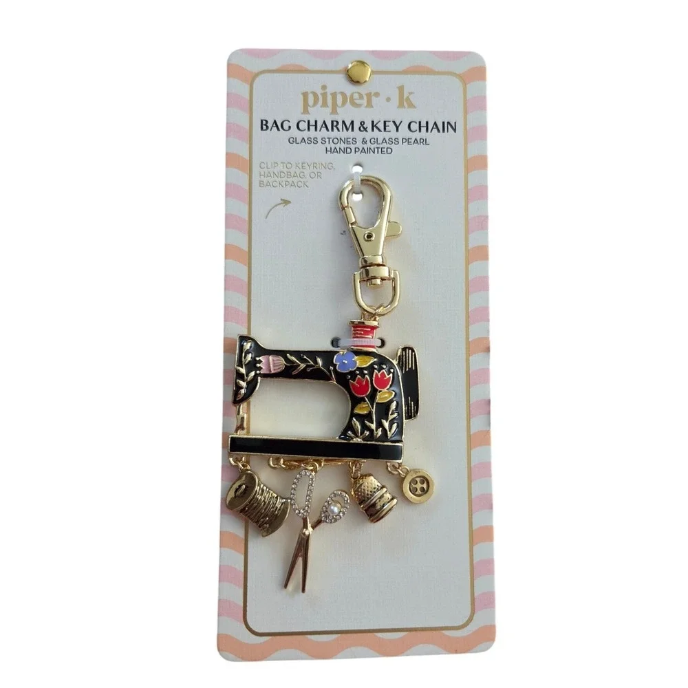 Piper K Bag Charm Keychain OS Black New Sewing Machine Floral Charms